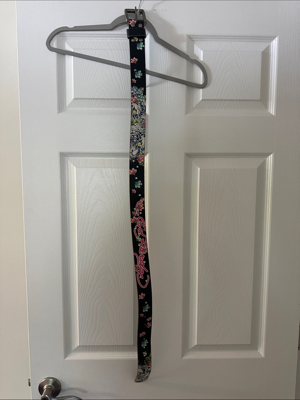 Ed Hardy woman’s Black Floral Belt with Pink Script and Multi-Color Accent
